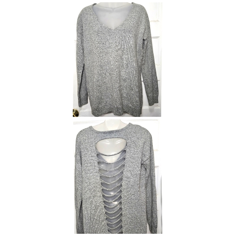 Express Grey Ladder Back Cutout Drop Shoulder Oversized VNeck Sweater Size S